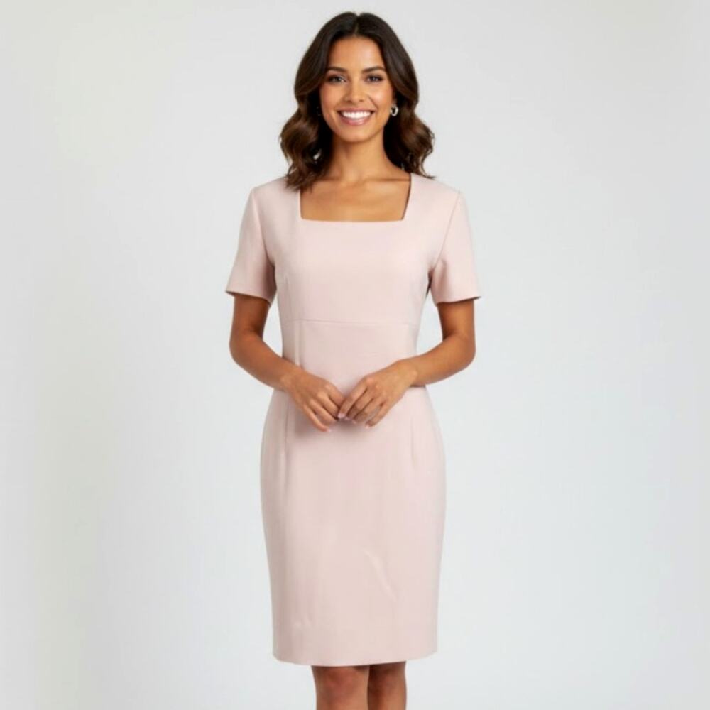 Vintage 80s Square Neck Sheath Dress Dusty Pink Short Sleeve Cocktail Pencil